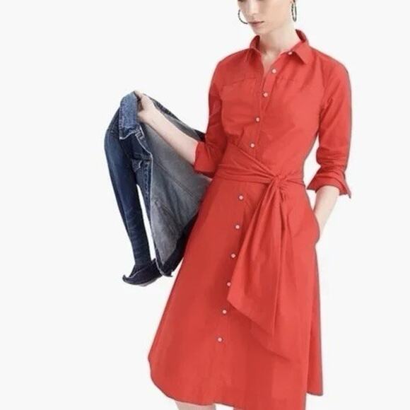 New J Crew Red Tie Waist Shirt Dress Cotton Poplin Bright Cerise Womens Size 16 - Picture 2 of 10